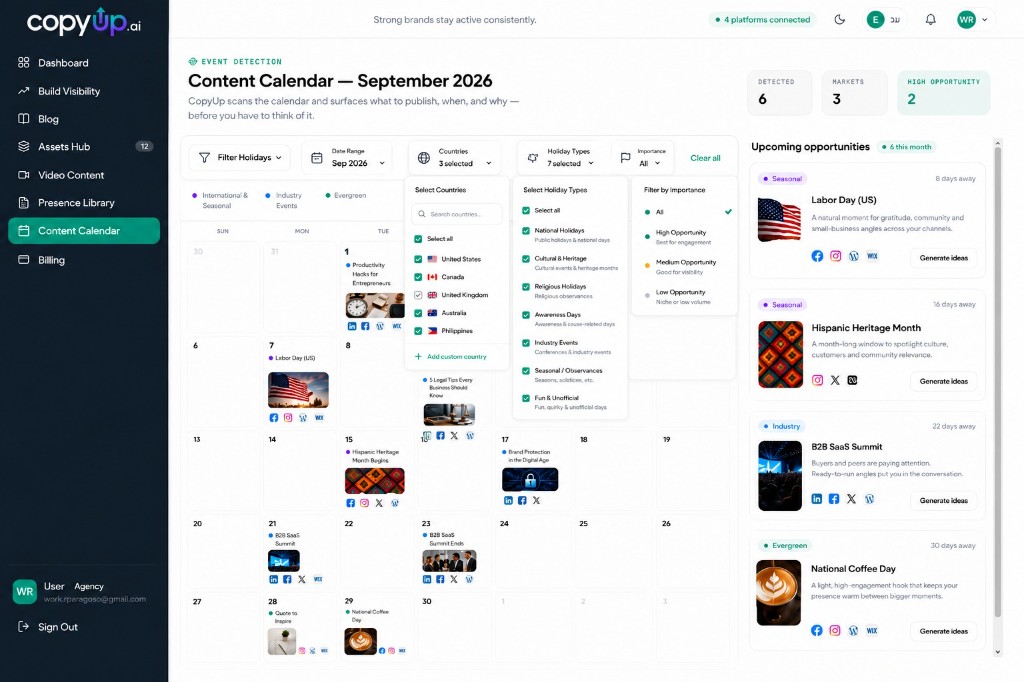 CopyUp Content Calendar: event detection, market opportunities, and automated publish recommendations